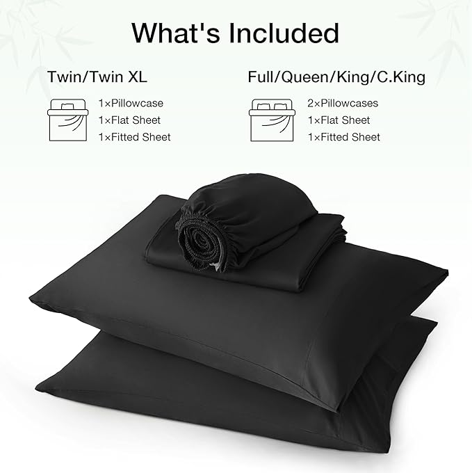 Love's cabin 3 Piece Twin XL Sheet Set, 100% Rayon Derived from Bamboo, Cooling & Breathable, Soft Silky Deep Pocket up to 16", Hotel Luxury Bedding for Hot Sleepers, Black