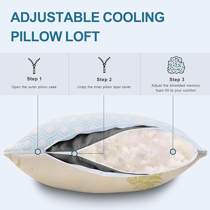 Memory Foam Pillows Standard Size Set of 2 Viscose from Bamboo Cooling Pillows for Hot Sleepers Adjustable Cool Pillow for Side Back Stomach Sleepers with Removable Washable Cover, 20"*26"