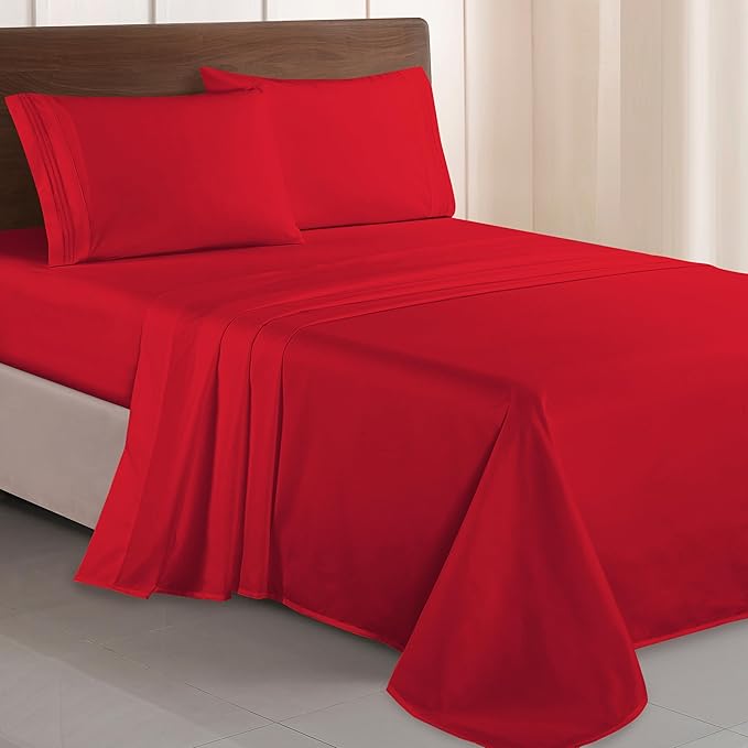 Elegant Comfort Luxurious 1500 Premium Hotel Quality Microfiber Three Line Embroidered Softest 4-Piece Bed Sheet Set, Wrinkle and Fade Resistant, King, Red