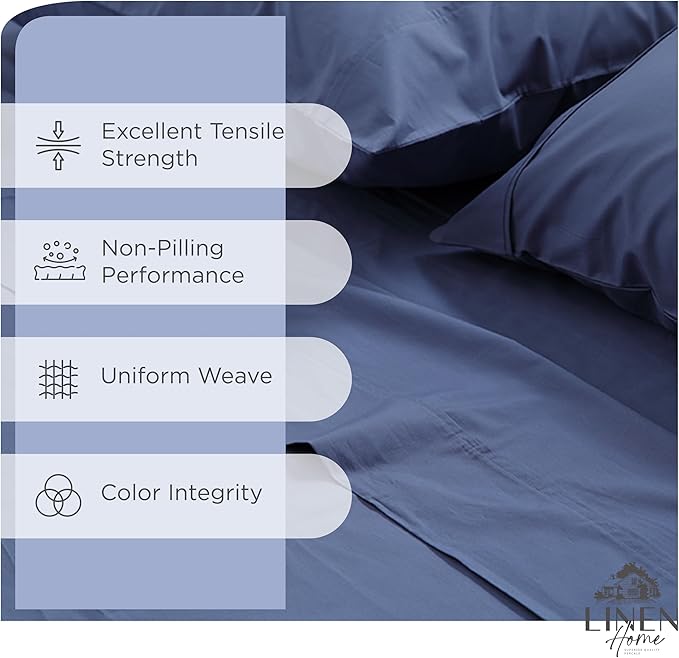 Linen Home 100% Cotton Percale Sheet Set, Queen Size, Dark Blue, Deep Pocket, 6 Pieces Set - 1 Flat, 1 Deep Pocket Fitted Sheet and 4 Pillowcases, Crisp Cool and Strong Bed Linen
