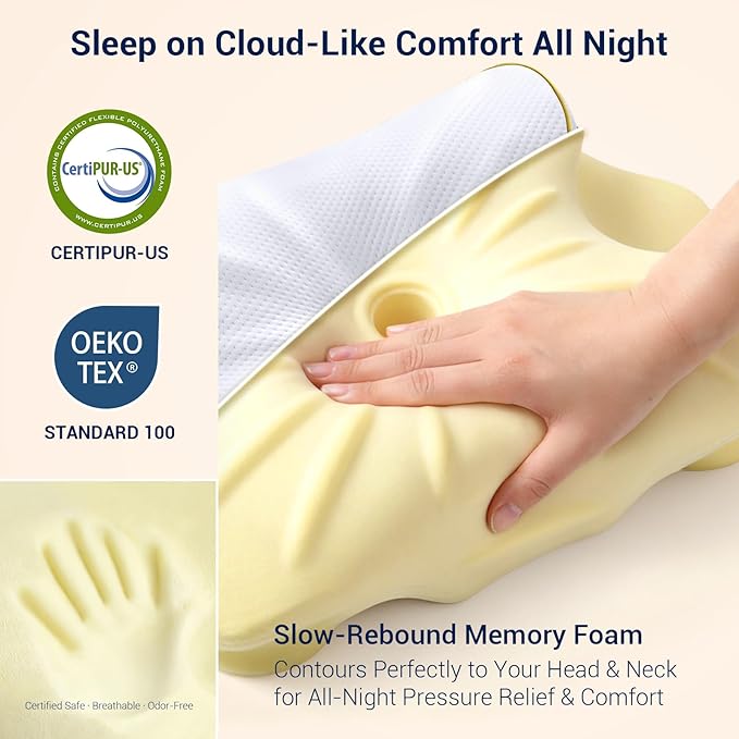 AZBESTPRO Memory Foam Cervical Pillow for Neck Support & Pain Relief, Butterfly Ergonomic Design – 24×15.75×5.7 Inches, Removable 100% Polyester Pillowcase, Suitable for Side & Back Sleepers (Gold)
