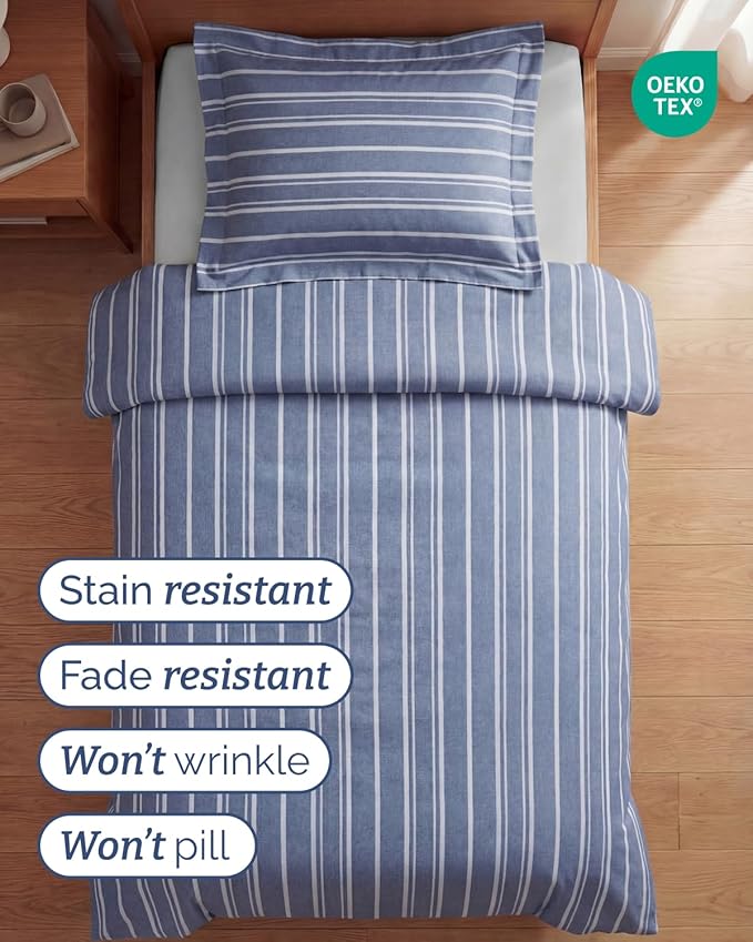 Duvet Cover Twin/Twin XL Size Set - Extra Soft Twin/Twin XL Duvet Cover 68" x 90" with 1 Pillow Sham - Hotel Luxury, Easy Care, Fade Free w/ Zipper Closures & Ties - Comfy & Breathable (Blue Stripes)