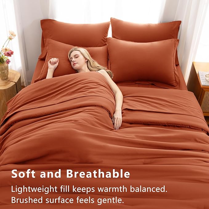 CozyLux Queen Comforter Set Burnt Orange, 7 Pieces Bed in a Bag Queen Size Comforter Set with Sheets, Terracotta Bedding Sets with Down Alternative Comforter, Sheets, Pillow Shams and Pillowcases