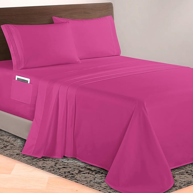 Elegant Comfort Luxurious 1500 Premium Hotel Quality Microfiber 4-Piece Sheet Set, 18-24 Inches Deep - Extra Deep Pocket Sheets - Ultra Soft 4PC Deep Pocket Sheets, King, Hot Pink
