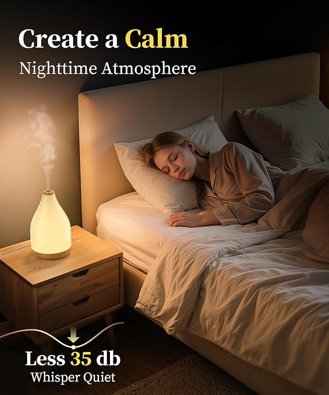 300ML Essential Oil Diffuser, Quiet Aromatherapy Diffuser Mist Humidifier with 7 Colors Light, Auto-Off, 1H/3H/6H Timer, Ultrasonic Room Scent Diffuser for Home, Office, Brown (No Remote)