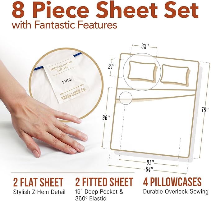 TEXAS LINEN CO. 100% Egyptian Cotton Full Sheet Set Pack of 2 - Luxury Texan Talkin' Collection 600 Series Egyptian Cotton Sheets Full Size (8 PC, White), Cooling, 16" Deep Pocket Hotel Bed Sheet Set
