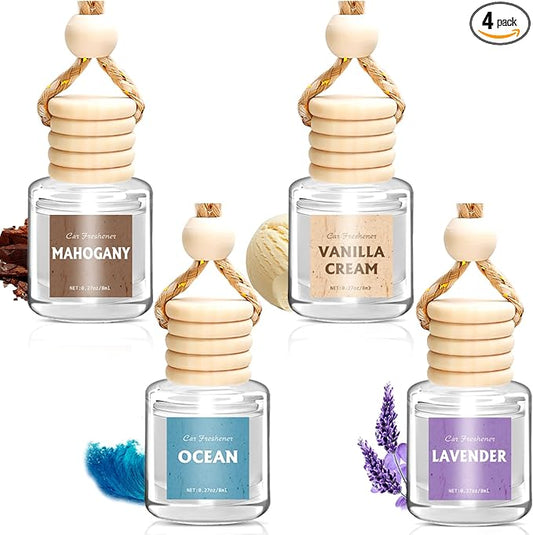 AROIC 4 Pack Car Air Freshener, Wooden Lid Essential Oil Car Diffuser, Natural Long Lasting Scent for Auto Interior, Mothers Day Gifts for Mom/Women (Mahogany/Lavender/Ocean/Vanilla Cream)