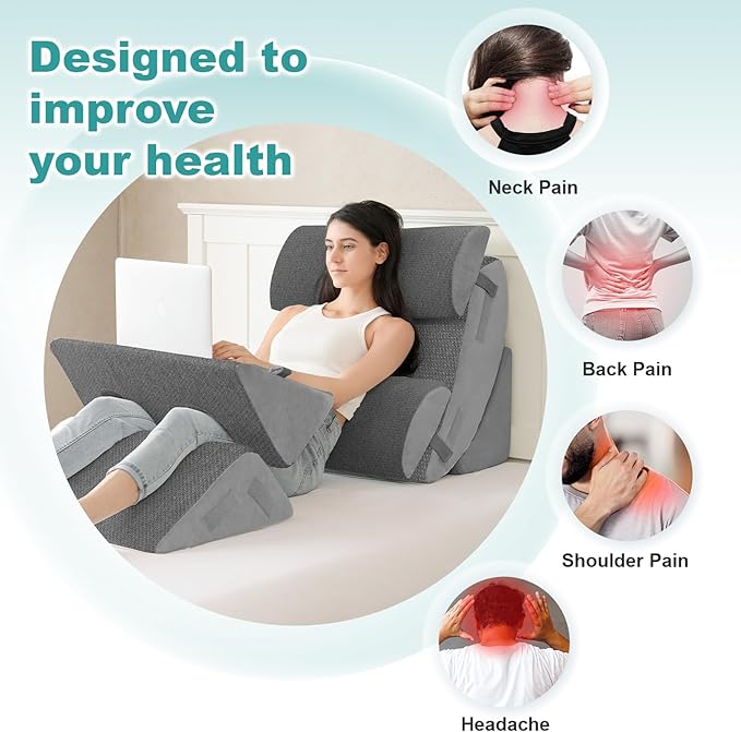 Hansleep Bed Wedge Pillow Set for After Surgery 6PCS, Post Surgery Pillow for Sleep Apnea and Acid Reflux Relief, Adjustable Reading Pillows Back Support with Memory Foam, Grey, 23"