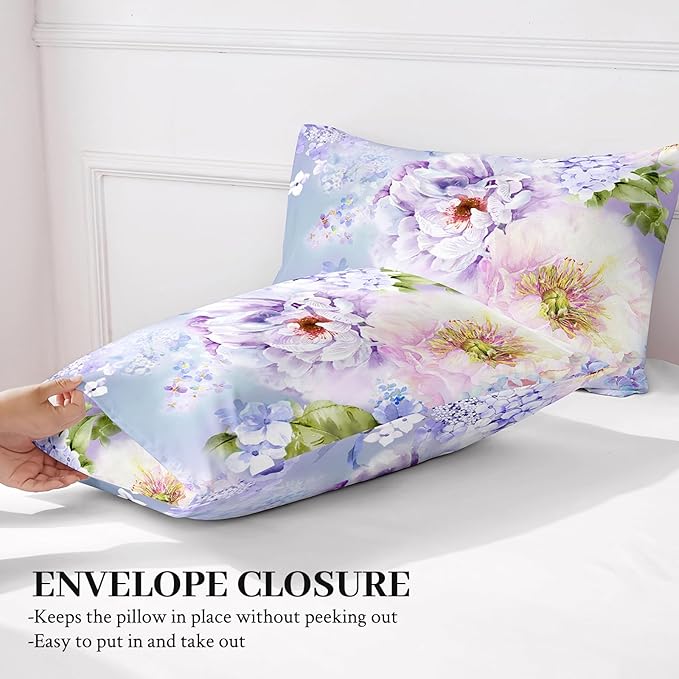 YIYEA Standard Pillow Cases Set of 2, Ultra Soft Double Brushed Microfiber Pillowcases Standard, Floral Bed Pillow Covers, Fade Resistant, Easy Slip-On (20"x26")