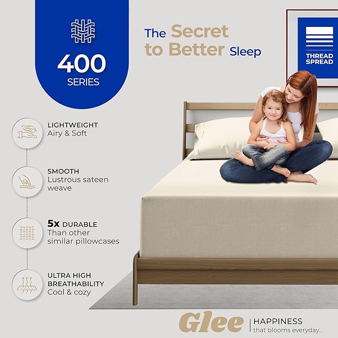 Thread Spread 100% Cotton King Size Pillow Cases Set of 2 - Luxury 400 Series Glee Collection Pillow Cases King Size (Ivory), Soft Cooling Breathable & Durable Sateen Hotel Cotton Pillowcases