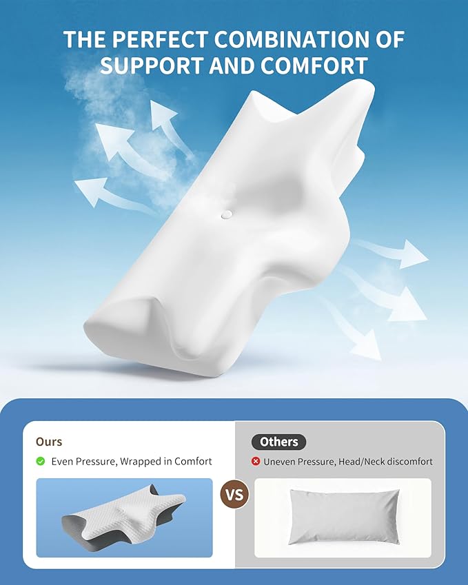 LiKiLiKi 2025 Upgrade Neck Pillow, Side Sleeper Pillow, Memory Foam Ergonomic Cervical Neck Pillows with Cooling Cover for Neck Pain Relief Side Back Stomach Sleeper (White Grey)