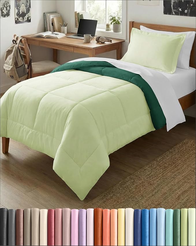 Twin Comforter Set - 2 Piece Bed Set for All Seasons - 1 Soft Quilted Comforter with Corner Tabs & 1 Pillow Sham - Comfy, Cozy & Breathable - Premium Down Duvet Insert - Twin Size, Emerald/Light Sage