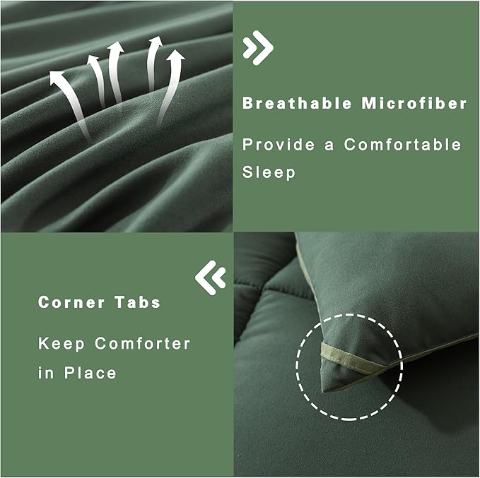 DOWNCOOL Full Size Comforter Sets -All Season Bedding Comforters Sets with 2 Pillow Cases -3 Pieces Bed Set Down Alternative Comforter Set -Double Green Bedding Sets Full(82"x86")