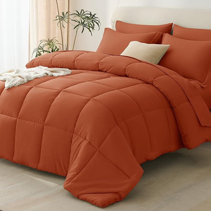 CozyLux Queen Comforter Set Terracotta - 7 Pieces Bed in a Bag Queen, All Season Breathable Bedding Sets, Oeko-Tex Certified Bed Set with Down Alternative Comforter, Sheets, Pillowcases & Pillow shams
