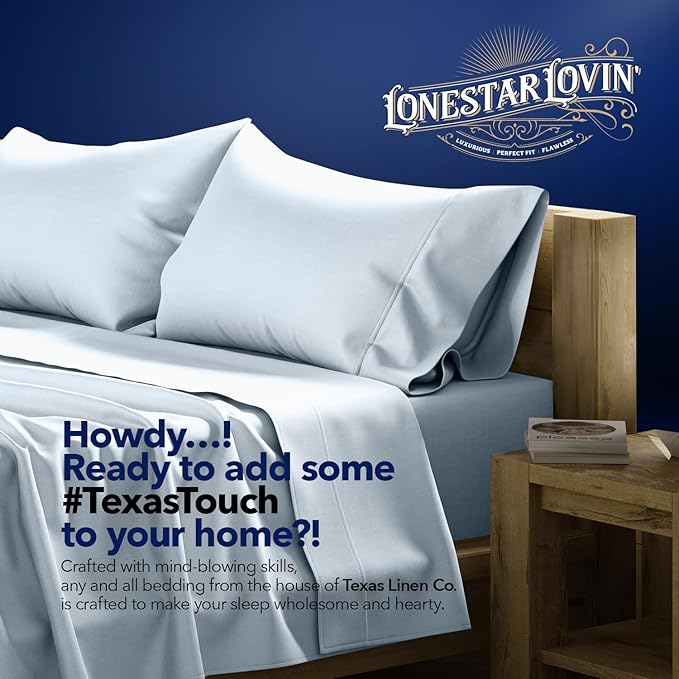 TEXAS LINEN CO. Luxury Egyptian Cotton King Light Blue Pillow Cases Set of 2-1000 Series Lonestar Lovin' Collection Pillowcases for Sleeping, Cooling Extra Long Staple Sateen Bed Pillow Cover