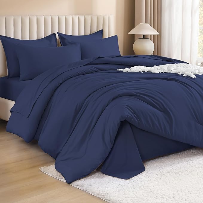 Litanika Queen Comforter Set Navy Blue - 7 Pieces Bed in a Bag Queen Bedding Comforter Sets, Solid Lightweight Bed Set with Comforter, Sheets, Pillowcases & Shams