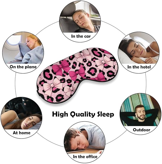 Pink Bows Leopard Print Sleep Mask Girls Sleeping Mask Elastic Blackout Sleeping Eye Mask for Full Night's Sleep Travel and Nap