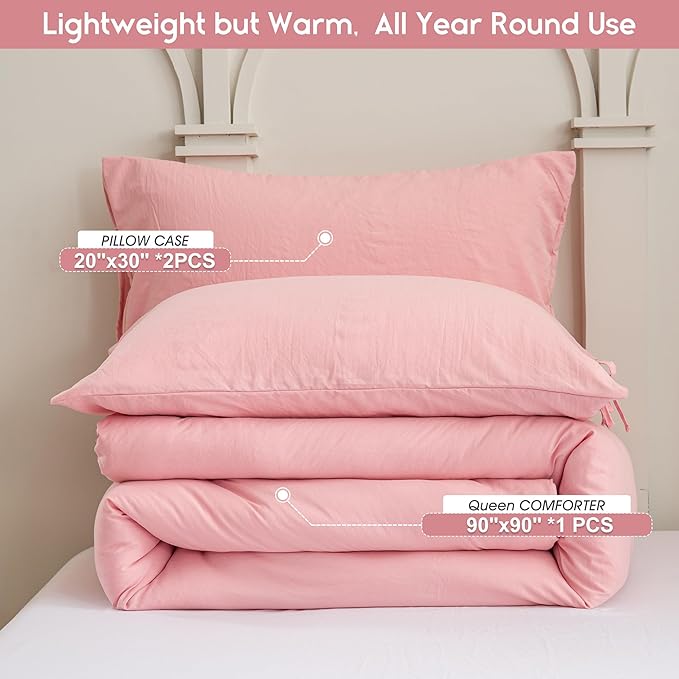Blush Light Pink Comforter Set Queen, Super Soft Washed Polycotton Fabric, Cozy Comfy Down Alternative Bedding Blanket Comforter Set and Pillowcase Lightweight but Warm for Women All Seasons