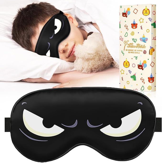 Miss Adola Sleep Mask for Kids - Silk Eye Mask for Sleeping Cute Cartoon Kids Sleep Mask for Boys Girls Teens Soft Smooth Adjustable Straps Silk Kids Eye Cover, Black White Eyes
