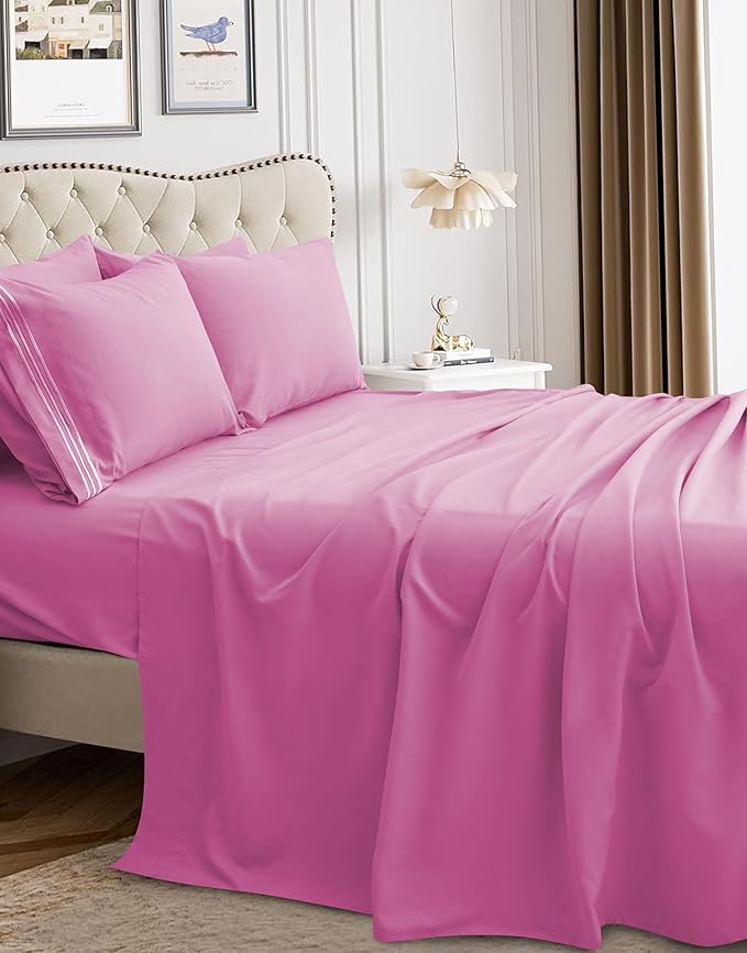Mocassi Luxury California King 4-Piece Sheet Set - 1800 Premium Hotel Quality - Easy-Fit, Wrinkle, Fade Resistant Bed Sheets and Pillowcases - All Around Elastic Fitted Sheet, Deep Pocket, Light Pink