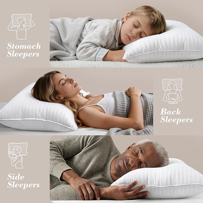 viewstar Bed Pillows Queen Size Set of 2, Hotel Collection Down Alternative Pillows for Side, Back or Stomach Sleepers, Stable Neck Support, Striped White
