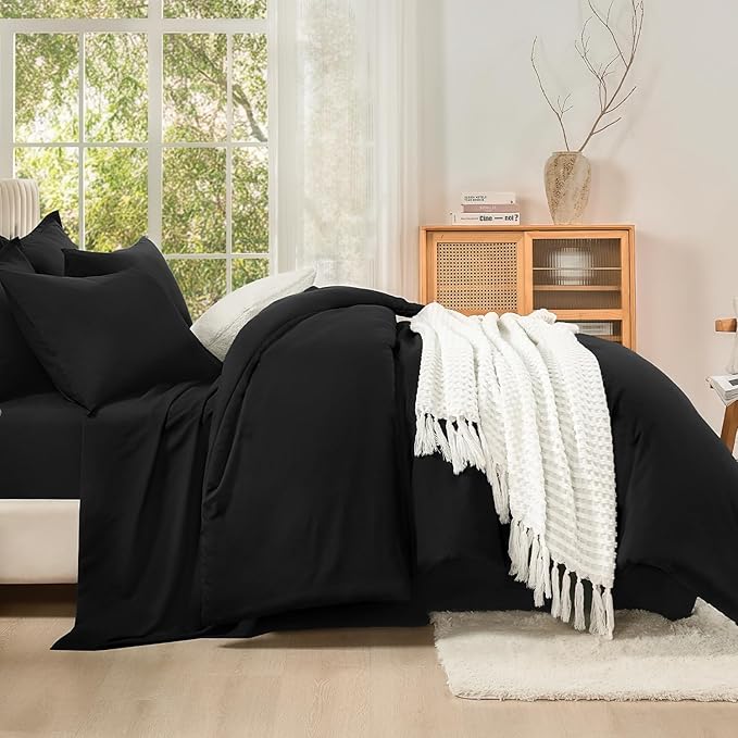 Litanika Twin Comforter Sets Black - 5 Pieces Bed in a Bag Beddding Sets, Solid Lightweight Bed Set with Comforter, Sheets, Pillowcase & Sham