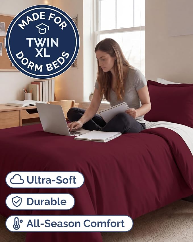 Duvet Cover Twin/Twin XL Size Set - Extra Soft Twin/Twin XL Duvet Cover 68" x 90" with 1 Pillow Sham - Hotel Luxury, Easy Care, Fade Free with Zipper Closures & Ties - Comfy & Breathable (Burgundy)