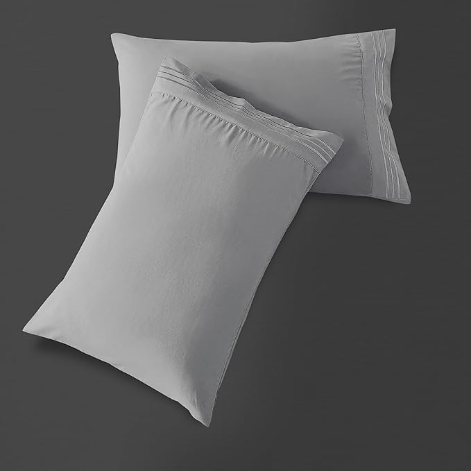 Mocassi 2-Piece Premium King Pillowcase Set 1800 Series Hotel Quality Microfiber - Soft and Breathable with 3-Line Embroidery Wrinkle and Stain Resistant, Easy Care, 20" x 40", Light Gray