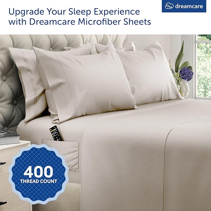 DREAMCARE King Size Sheets Set - 6 pcs Breathable Cooling Bed Sheets - up to 21" Extra Deep Pocket King Sheet Set with Side Pockets - Extra Soft 100% Brushed Hypoallergenic Hotel Luxury Bedding- Beige