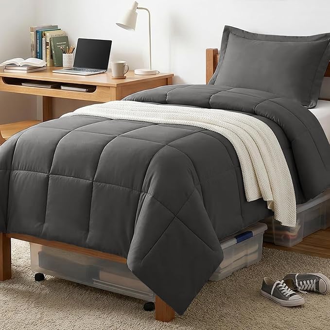 CozyLux Twin/Twin XL Comforter Set Dark Grey - 2 Pieces Box Stitched Twin Bed Set for Teen Boys and Girls with All Season, Soft Bedding Sets with 1 Down Alternative Comforter and 1 Pillow Sham