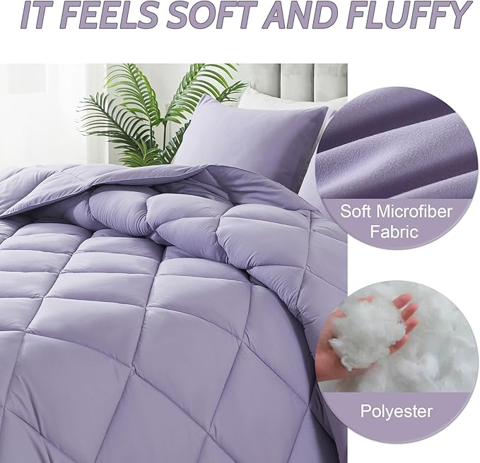 Decroom Lightweight Queen Comforter Set with 2 Pillow Sham - 3 Pieces Set - Quilted Down Alternative Comforter/Duvet Insert for All Season - Lavender - Queen Size