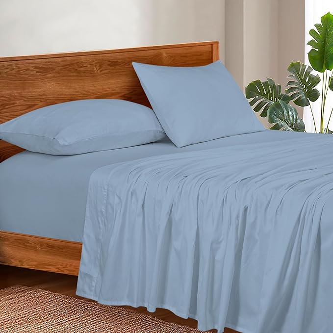ROYALE LINENS 300 Thread Count Cotton Sateen Sheet Set - 4 Piece King Bed Sheets - 1 Fitted, 1 Flat & 2 Pillow Cases - Soft Cool & Crisp Sheet Set (King, Dusty Blue)
