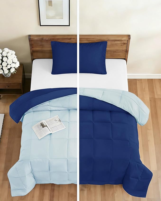 King Comforter Set - 3 Piece Bed Set for All Seasons - 1 Soft Quilted Comforter w/ Corner Tabs & 2 Pillow Shams - Comfy, Cozy & Breathable - Premium Down Duvet Insert - King Size, Navy Blue/Sky Blue