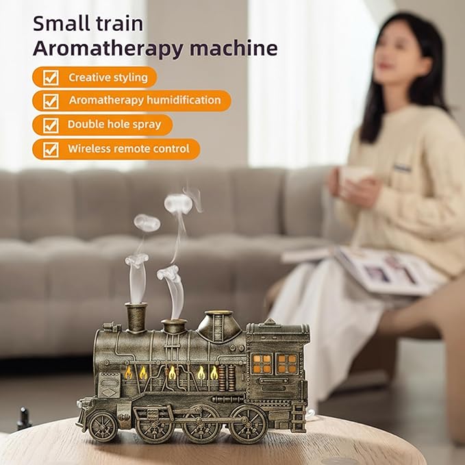 Retro Train Essential Oil Diffuser Humidifier 300ML - Steam Engine Cool Mist Humidifier with Dual Mist Modes & Auto Shut-Off, Quiet Aromatherapy Diffuser with Night Light for Home Office Decor