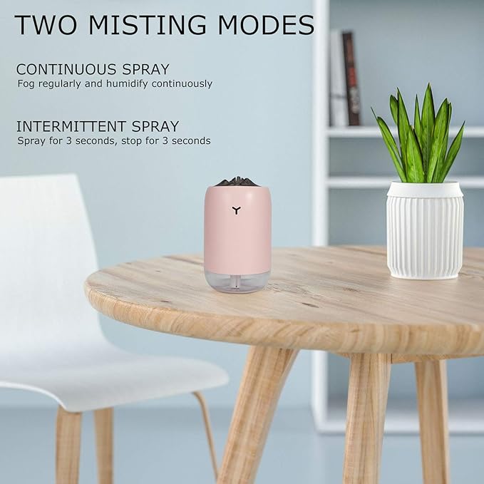 260ml USB Desktop Humidifier, Mini Air Diffuser with Night Light, Quiet Mist Humidifier for Home Office, One - Button Dual Mist Mode, Leak - Proof Design (Pink)