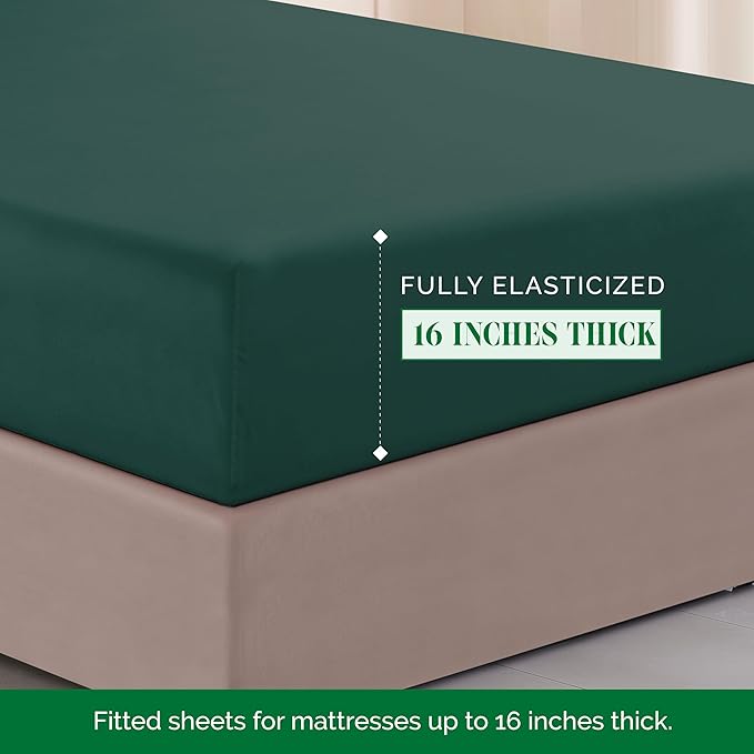Elegant Comfort Luxurious 1500 Premium Hotel Quality Microfiber Three Line Embroidered Softest 4-Piece Bed Sheet Set, Wrinkle and Fade Resistant, King, Hunter Green