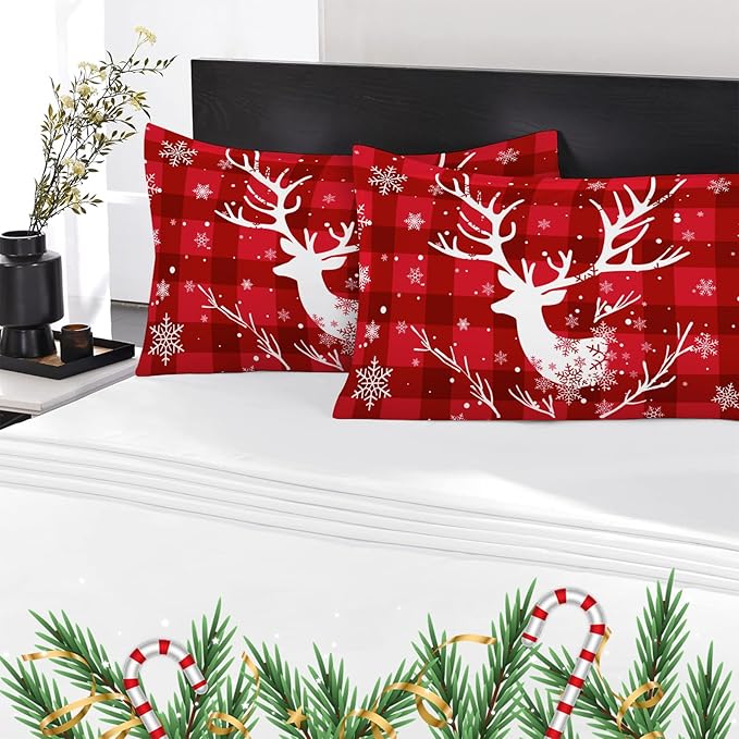 YIYEA Christmas King Size Pillow Cases Set of 4, Ultra Soft Double Brushed Microfiber Red Pillowcases and Christmas Pillow Covers, Envelope Closure, Fade Resistant (20"x36")