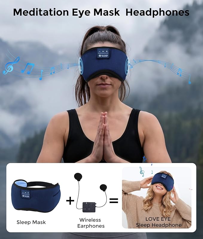 LOVE EYE Sleep Headphones Bluetooth 5.4 Sleeping Eye Mask Wireless Music Earphones with HD Speakers for Side Sleepers Total Blackout Cotton Mask for Travel, Office, Unique Gifts (Dark Blue)