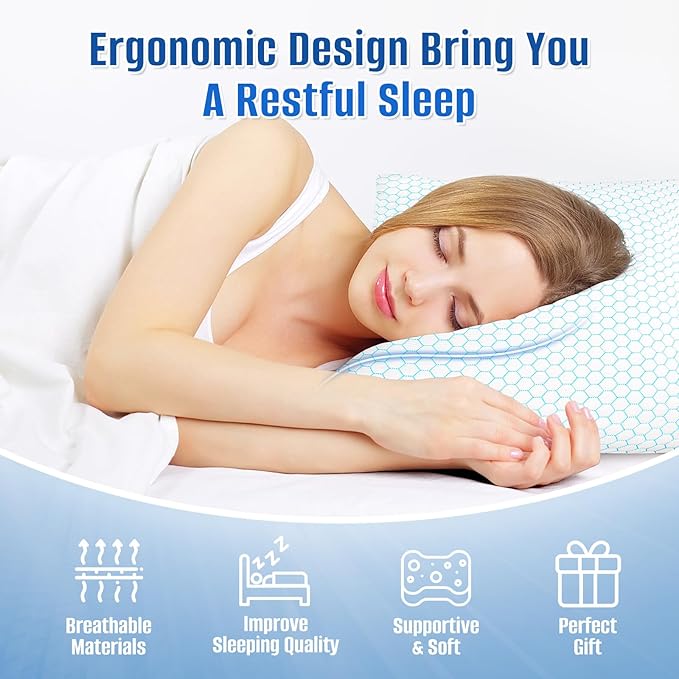 CushyOasis Shredded Memory Foam Pillow for Sleeping, Cooling Bed Pillows Set of 2, Adjustable Pillows for Side, Back, Stomach Sleepers with Washable Pillowcase (Queen Size, Blue)