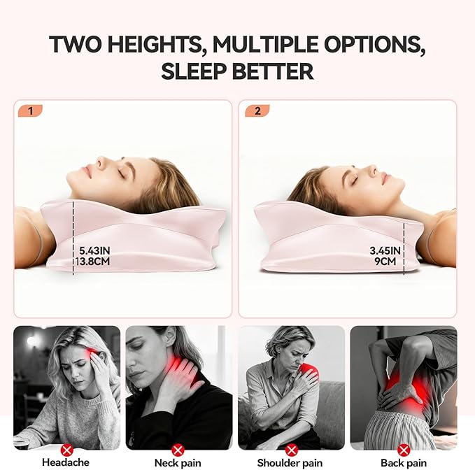 Cervical Neck Pillow for Neck Pain Relief,Ergonomic Memory Foam Contour Pillow with Wrinkle-Resistant Silky Satin Fabric Cover,Orthopedic Bed Pillow for Side,Back,Stomach Sleepers,Pink