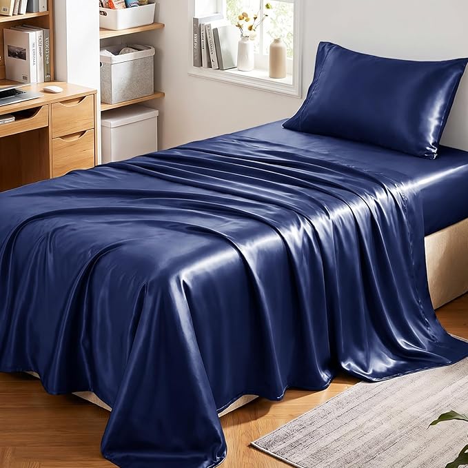 CozyLux Satin Sheets Twin Sheet Set - 3 Piece Silky Twin Bed Sheets, Luxury Navy Blue Sheet Twin Size Bed Set with Smooth and Soft Microfiber, Includes 1 Fitted Sheet, 1 Flat Sheet and 1 Pillowcase