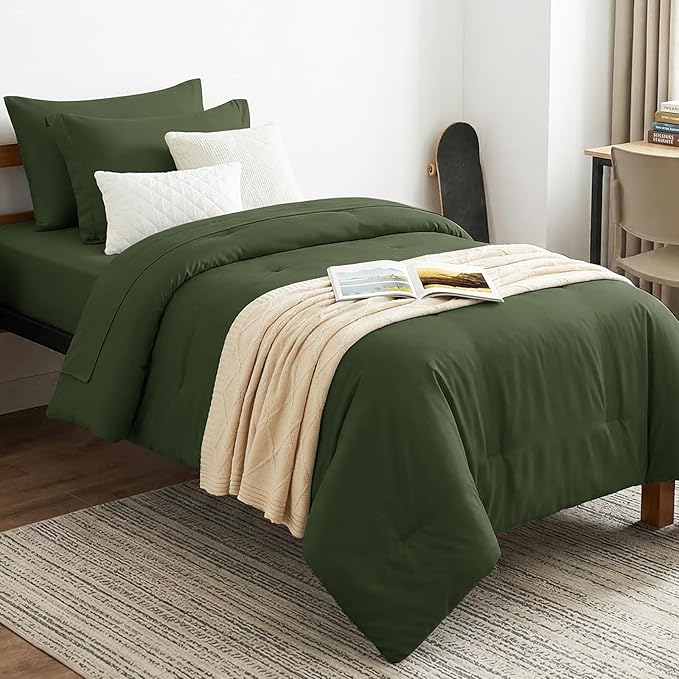 CozyLux Twin XL Comforter Set Olive Green, 5 Pieces Bed in a Bag Twin Extra Long Comforter Set with Sheets for College Dorm, Luxury Bed Sets with Down Alternative Comforter, Sheets, Pillowcase & Sham