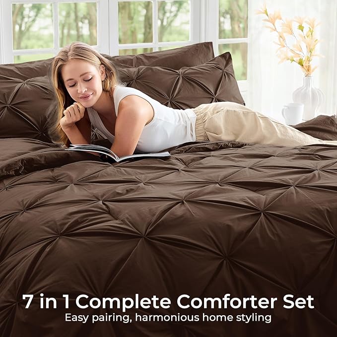 Sasttie Full Size Comforter Set, 7-Piece Bed in a Bag Double, Pintuck Bedding Set for All Season, Includes Comforter, Flat Sheet, Fitted Sheet, Pillowcases and Pillowshams, Dark Brown