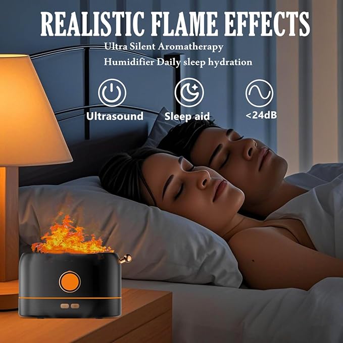 Ultrasonic Essential Oil Diffuser with Flame Effect, 200ml, Sleep Aid Humidifier, Auto Shut-Off, Night Light, Black