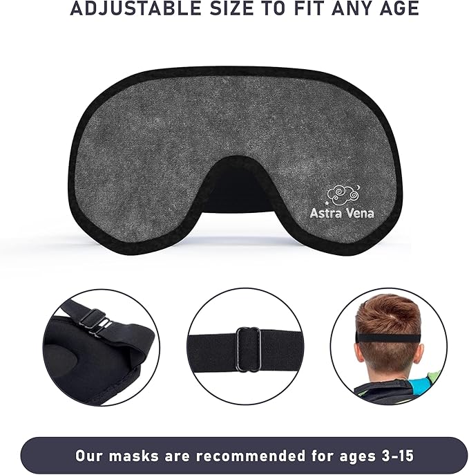 3D Sleep Mask for Kids, Light Block Sleeping Blindfold Memory Foam Contoured Eye Mask for Sleep, Adjustable Strap Eye Cover and Travel Sleep Mask for Boys Girls, Grey