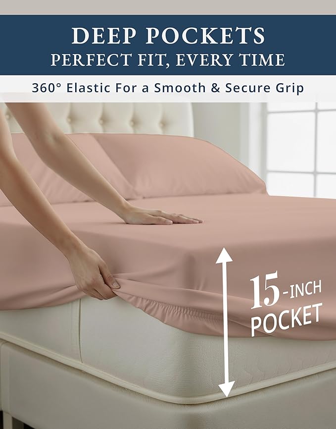 LANE LINEN Luxury 100% Egyptian Cotton Bed Sheets Full Size, Fully Elasticized Reinforced 15 Inch Extra Deep Pocket Full Sheets, Soft & Comfy Sateen Weave for Silky Finish - Sepia Rose