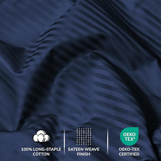 Feather & Stitch 500 TC Full Size Damask Bed Sheet Set, 100% Cotton Soft Breathable Bedsheets, 4 Piece 18" Deep Pockets Sateen Weave Striped Bedding Mattress Resort Hotel Luxury - (Dark Blue Stripe)