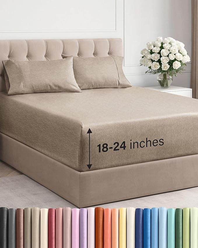 Extra Deep Full Sheet Set - 4 Piece Breathable & Cooling Bed Sheets - Easily Fits 18 - 24 inch Mattress - Ultra Soft, Wrinkle & Fade Free w/ Extra Deep Pockets - Hotel Luxury Bedding - Heathered Beige