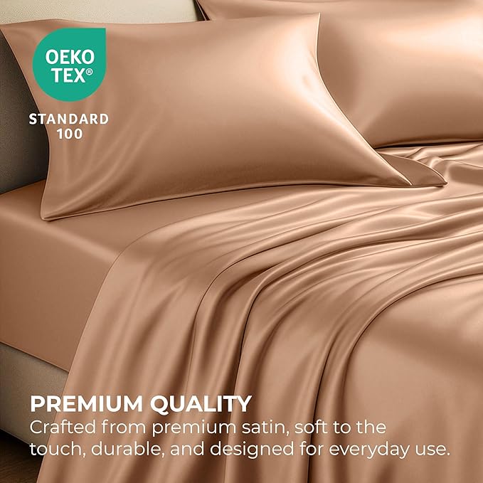 Pure Bedding Satin Sheets California King [4-Piece, Rose Gold] Hotel Luxury Silky Bed Sheets - Extra Soft Microfiber Sheet Set, Wrinkle Resistant - Deep Pocket Fitted Sheet, Flat Sheet, Pillow Cases