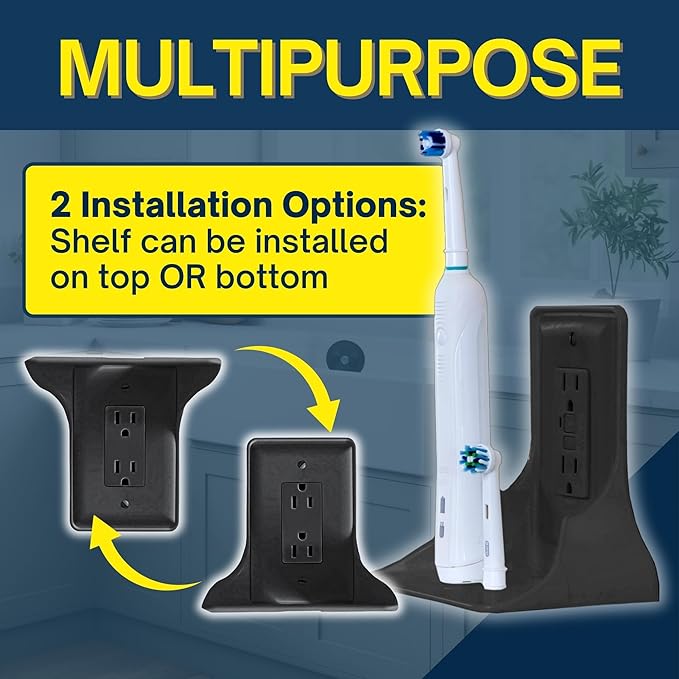 Power Perch Wall Outlet Shelf with Cord Storage Strap - Declutter & Reclaim Bathroom Counter Space - Alexa Stand, Apple Homepod Shelf, Toothbrush Holders Wall Mounted - Black, 2-Pack